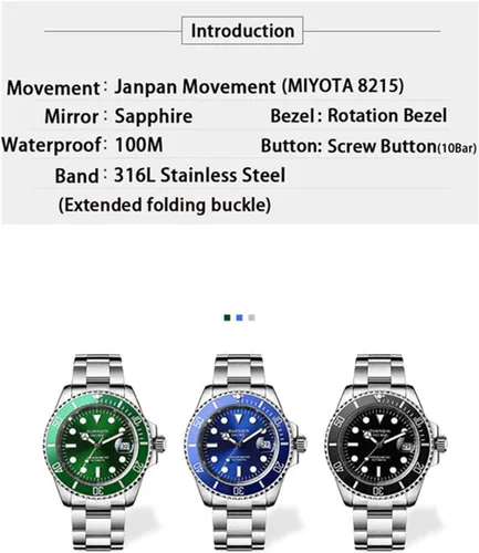 Vista 7 de Reloj de pulsera mecánico automático japonés analógico luminoso para hombre con correa de acero inoxidable