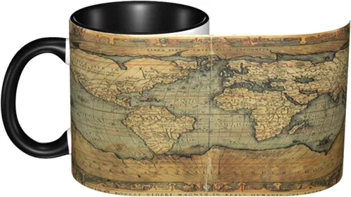 Vista 4 de Taza de café, tazas de porcelana con mapa del mundo, antiguo gráfico antiguo vintage del siglo XVI, 11 onzas, para bebidas calientes y todos