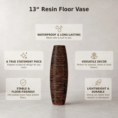 Vista 3 de Leewadee - Florero de piso marrón para hierba de pampas, florero grande para decoración del hogar, 13 pulgadas, resina Deco Vase for sideboard &