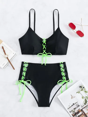 Vista 6 de Cozyease Traje de baño liso de 2 piezas para mujer, conjunto de bikini de cintura alta con cordones