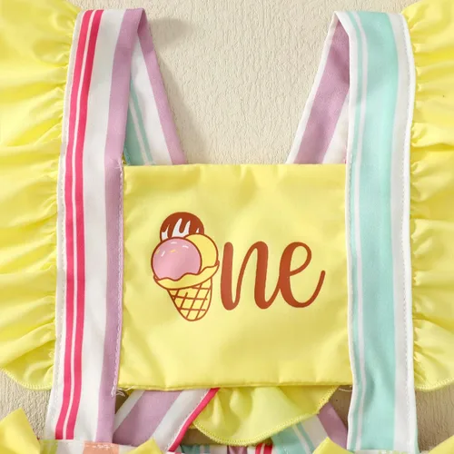 Vista 5 de Shalofer Traje de 1er cumpleaños para niña, overol de helado de verano con diadema