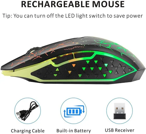 Vista 2 de Uciefy Q8 - Ratón inalámbrico para computadora para juegos, 2.4 GHz USB óptico recargable ergonómico LED inalámbrico silencioso ratón, 3 DPI