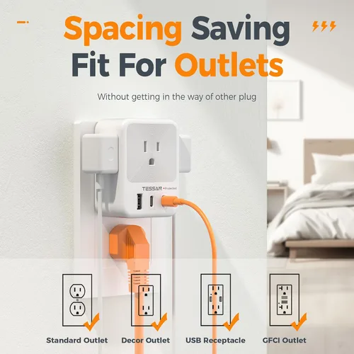Vista 5 de Divisor de enchufe de pared múltiple, extensor de protector de sobretensión TESSAN de 4 salidas con 3 bloques de carga USB (2 USB C), expansor