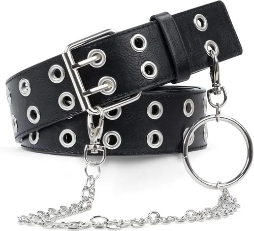 Vista 2 de SUOSDEY Cinturón de cuero con doble ojal con cadena desmontable para mujeres y hombres, cinturón negro punk con agujeros dobles tachonados para jeans