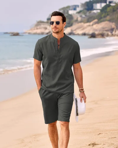 Vista 3 de COOFANDY Conjunto de 2 piezas de lino para hombre, camisas Henley casuales de manga corta, pantalones cortos de yoga para la playa, pantalones
