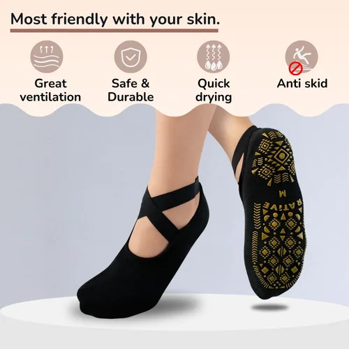 Vista 4 de RATIVE X-Cross Straps Anti Slip Non Skid Barre Yoga Pilates Hospital Socks with grips for Mens Womens