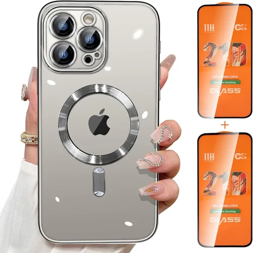 Vista 7 de Magsafe - Funda para iPhone 15 Pro Max, funda magnética transparente para teléfono con protector de pantalla y cubierta de cámara, funda galvanizada