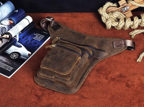 Vista 5 de Le'aokuu Riñonera táctica de cuero genuino para hombre, riñonera, pierna caída, cruzada, bolsa, 3111 A Marrón, Hip Bum - Bolsa para muslos y piernas