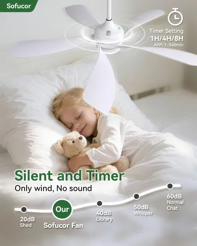 Vista 4 de Sofucor Ventilador de techo inteligente de 52", ventiladores de techo blancos para interiores/exteriores con luces y control remoto, funciona