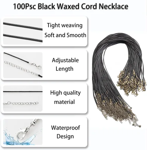 Vista 2 de 100 unidades de 18 pulgadas y 0.059 in de cordón negro encerado collar de cuerda pulsera de cuero sintético cierre de cadena a granel