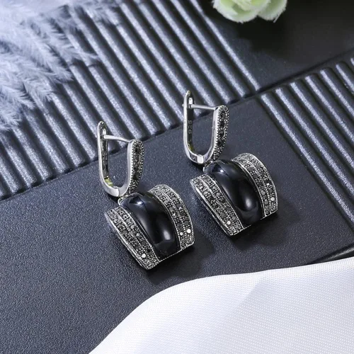 Vista 6 de Pendientes de collar de piedra geométrica de cristal negro verde vintage conjuntos de joyas de moda regalos de Navidad