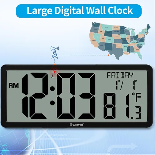 Vista 3 de Geevon Reloj de pared atómico de 14.3 pulgadas, funciona con pilas, reloj de pared digital atómico grande con temperatura y humedad interiores