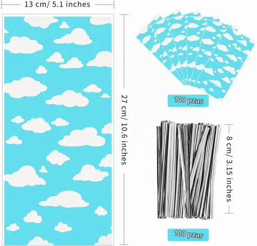 Vista 2 de Lecferrarc 100 bolsas de golosinas con estampado de nubes blancas y cielo azul, nubes blancas, bolsas de dulces de celofán, recuerdos de fiesta