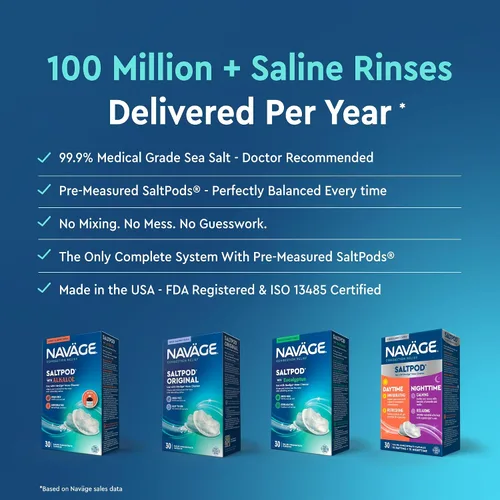 Vista 9 de Navage Paquete Multiusuario - Sistema de Irrigación Navage - Kit de Enjuague Nasal Salino con 1 Limpiador Nasal, 30 Cápsulas de Sal, y Base Nasal