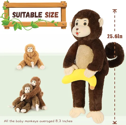Vista 7 de MaoGoLan Mono gigante de peluche con bebés, juguete de peluche suave con plátano regalo para niños, niñas, niños, mamá y 3 bebés pequeños colgantes