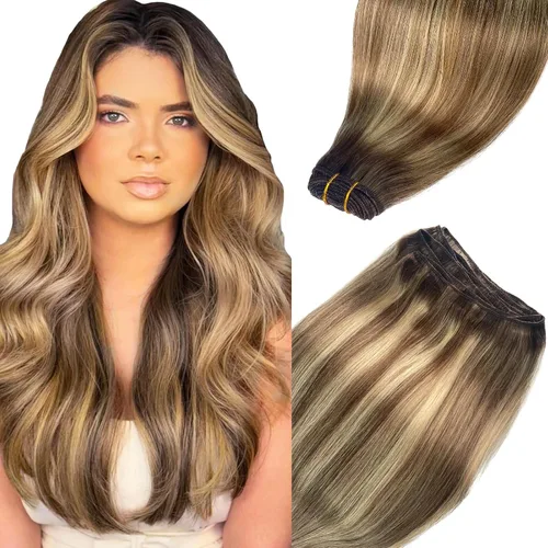 Vista 13 de Extensiones de cabello humano real, balayage, color castaño ceniza a rubio miel, extensiones de cabello humano con reflejos, 14 pulgadas, 2.82 oz