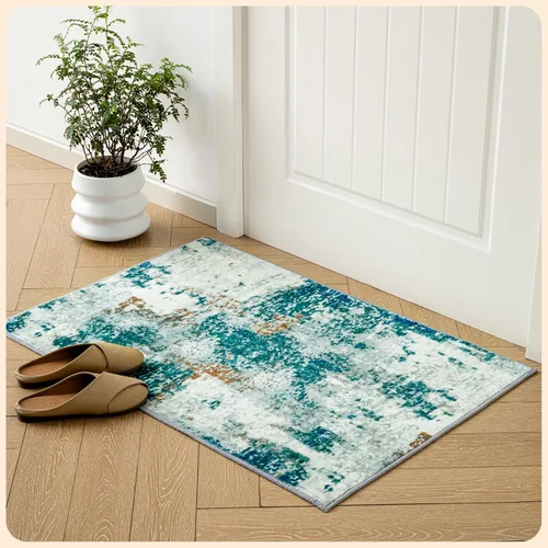 Vista 296 de Istana Alfombra larga antideslizante de 2.5 x 8 para el hogar, para pasillo y cocina, lavable, sedosa y suave al tacto, elegante, color azul y marfil