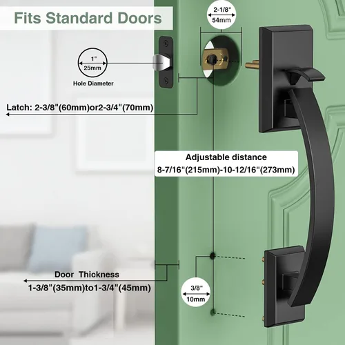 Vista 5 de Manija de puerta delantera negra ajustable 12.7 pulgadas manija de entrada exterior pesada reversible