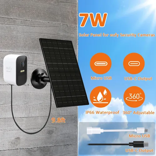 Vista 4 de Panel solar de 7 W compatible con Eufycam, cargador solar USB-C para cámaras de batería de 5 V, impermeable IP66, montaje ajustable de 360°, cable