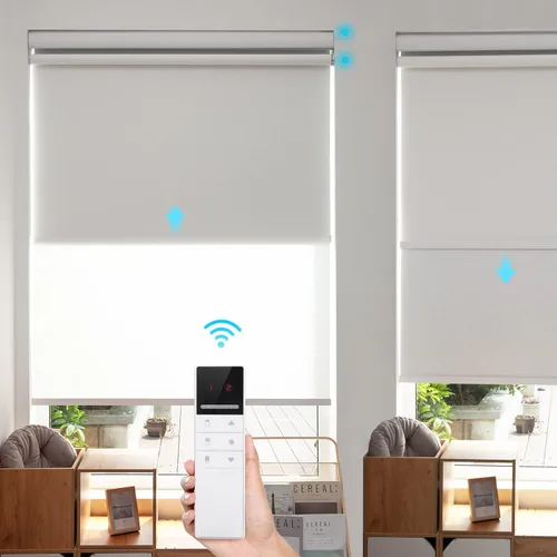 Vista 6 de ZSTARR Persiana inteligente doble motorizada para ventana con control remoto, persiana enrollable opaca automática tamaño personalizable, con cenefa