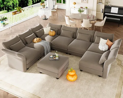 Vista 13 de LLappuil Sofá modular de terciopelo en forma de L con almacenamiento, sofá moderno de 5 plazas de 127.8 pulgadas con diván, sofás reclinables de Azul