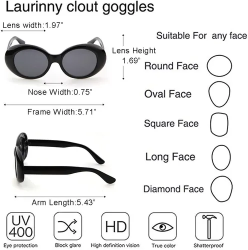 Vista 4 de Laurinny Gafas de sol auténticas Clout Bold Oval Retro Mod Kurt Cobain Clout Round Lens