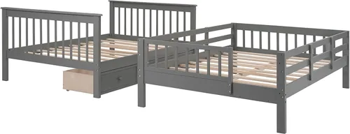 Vista 6 de Literas de tamaño matrimonial con cajones y escaleras, marco de cama de madera con almacenamiento para niños, adolescentes y adultos, desmontable