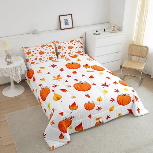 Vista 3 de Juego de edredón de calabaza de otoño, tamaño individual, juego de ropa de cama de hojas de arce para niños y niñas, cosecha de otoño, fruta