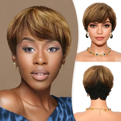 Vista 18 de RUWISS Peluca de cabello humano con corte Pixie, peluca de cabello humano con flequillo, peluca negra corta natural en capas, ondulada