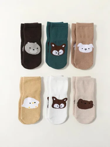 Vista 2 de Calcetines antideslizantes para bebé con agarres, diseño de animales lindos, mezcla de algodón, unisex, 6 meses a 5 años, paquete de 6