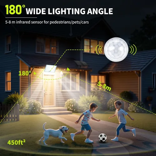 Vista 2 de Pack de 2 luces solares con 184 LED para exteriores, con sensor de movimiento, luces solares de pared impermeables al aire libre con 3 modos