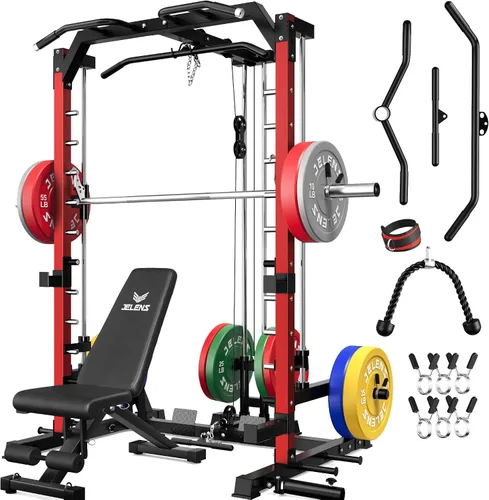 Vista 10 de JELENS SR01 Smith Machine, jaula de potencia multifunción de 2000 libras con sistema de extracción LAT, estante para sentadillas todo en uno