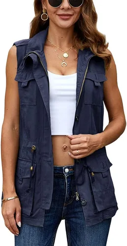Vista 3 de Koodred - Chaleco militar casual para mujer, ligero, sin mangas, con cordón, con bolsillos