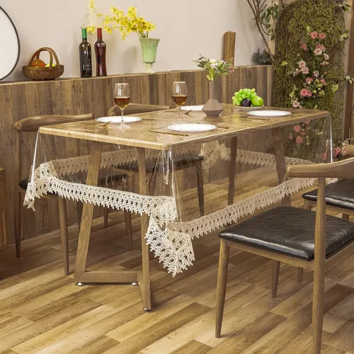 Vista 3 de Protector de plástico transparente para mesa, vinilo de PVC transparente con encaje para mantel de comedor, impermeable, a prueba de aceite
