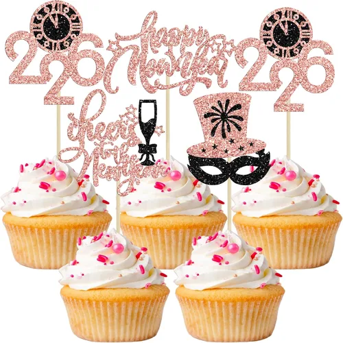 Vista 14 de 24 piezas de adornos para cupcakes de Feliz Año Nuevo 2026 de oro con purpurina, celebra el 2026, adornos de cupcakes para la víspera de Año Nuevo