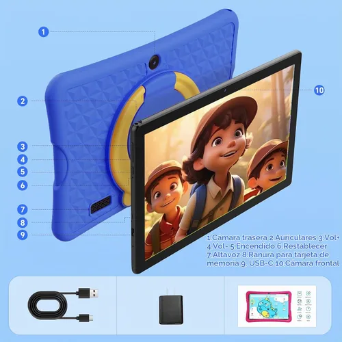 Vista 7 de DigiLand Tablet para niños de 10.1", 6GB RAM 32GB ROM, Android 15 GO, con estuche de silicona a prueba de niños, control parental, batería