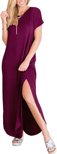 Vista 3 de ANRABESS Vestido Maxi de Verano para Mujer de Manga Corta, Vestido Casual, Largo, Suelto, de T-Shirt, con Corte Vacacional de Playa, Vestido de Sol
