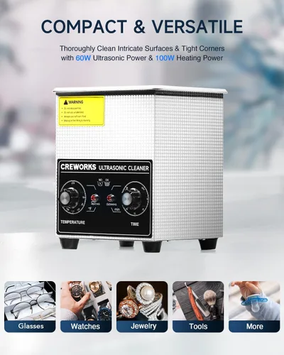 Vista 5 de CREWORKS Limpiador ultrasónico con calentador y temporizador, máquina de limpieza ultrasónica de acero inoxidable de 1/2 galón de 60 W, máquina