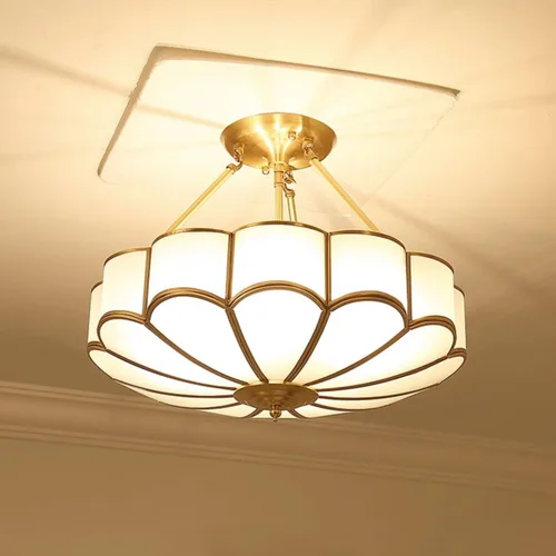 Vista 10 de Lámpara de techo de latón de 4 luces semiempotrada, candelabro dorado para comedor, lámpara de techo de vidrio esmerilado, luz empotrada moderna