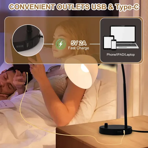 Vista 2 de Lámparas de escritorio, lámparas de mesa para dormitorios con 2 puertos USB, lámparas de noche regulables continuas, lámpara ajustable para sala