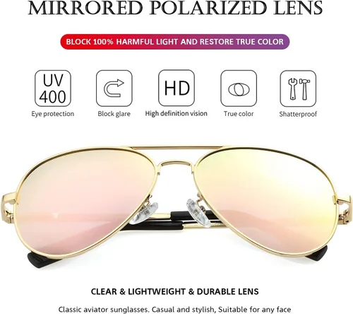 Vista 5 de PORADAY - Lentes de sol polarizados para hombres y mujeres con estilo aviador, armazón de metal, 100% protección UV400, 58 mm