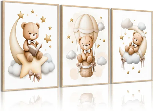 Vista 18 de Baccone Arte de pared para habitación de guardería con oso de peluche, póster para habitación de bebé niño o niña, decoración de pared de guardería