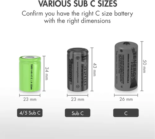 Vista 7 de Tenergy 4/5 SubC 2000mAh NiMH Baterías Recargables, Parte superior plana - Paquete de 25