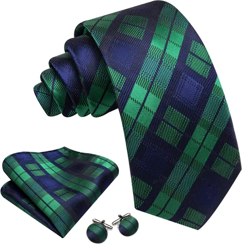 Vista 115 de Barry.Wang Juego de corbatas a cuadros para hombre con pañuelo gemelos de rayas clásicas