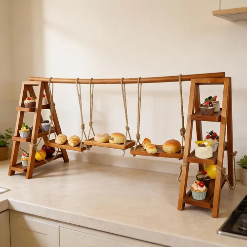 Vista 8 de Tnstbiee Soporte de Cupcake Rústico de 3 Niveles - Soporte de Madera para Pasteles, Postres y Frutas - Bandejas Desmontables y Diseño Plegable