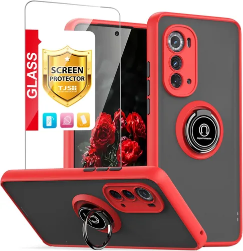 Vista 10 de TJS - Funda compatible con Motorola Moto Edge 2022 (negro) with Tempered Glass Screen Protector Metal Ring Magnetic Support Kickstand Heavy Duty