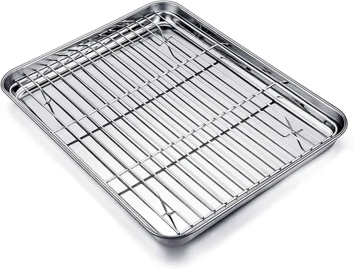 Vista 13 de TeamFar Juego de bandeja y rejilla para horno tostador, 9.3'' x 7'' x 1'', bandeja para horno tostador de acero inoxidable bandeja para asar,