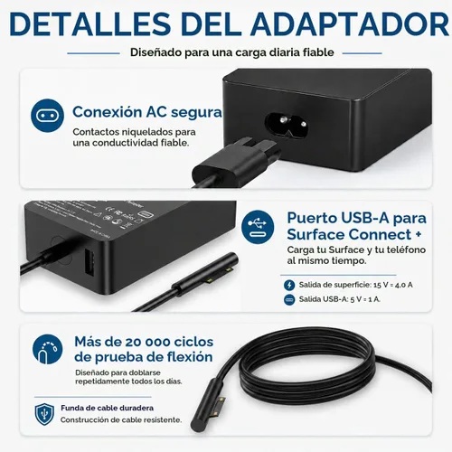 Vista 6 de Cargador Surface Pro de 65 W para Microsoft Surface Pro 7/6/4/3/8/9/11/5 Negro