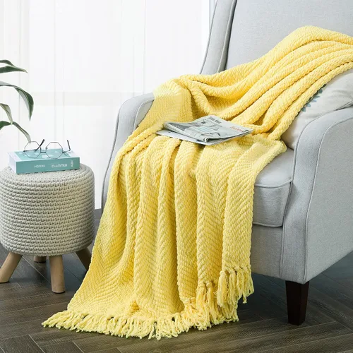 Vista 19 de Manta de punto suave con textura para sofá, manta de tweed crema con borlas de flecos para decoración del hogar, cama, sofá, silla, 50 x 60 Blanco