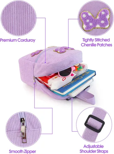 Vista 6 de Mini mochila de pana para niñas de 2, 3, 4, 5, 6 años, regalo de felpilla con inicial y lazo para ratón, mochilas de pana para niños pequeños